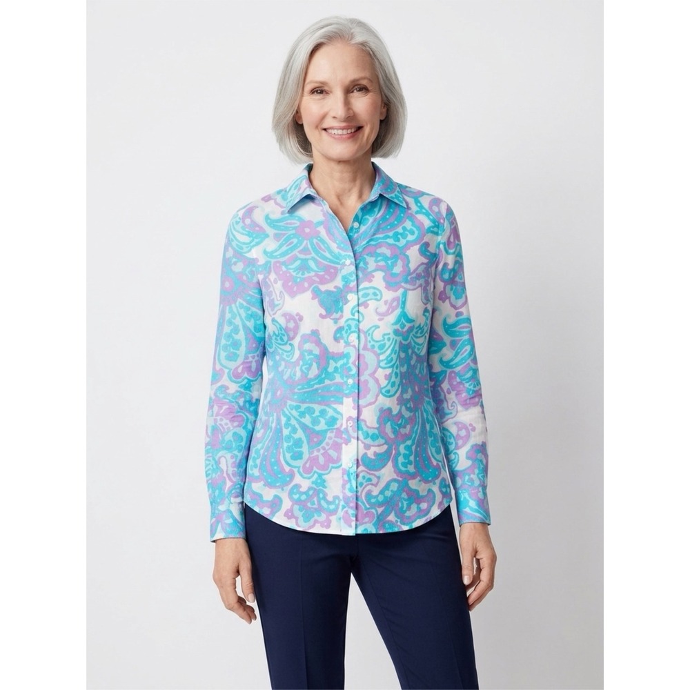 Talbots Womens Small Blue Purple‎ Paisley Cotton Long Sleeve Button Down Shirt